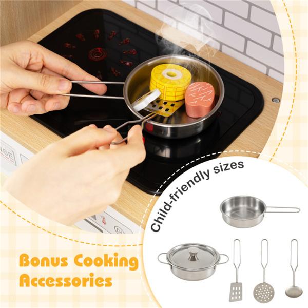 Kids Wooden Kitchen Playset 3+ with Fridge Sink Washing Machine with Realistic Light Sound Rattan Doors - Yellow