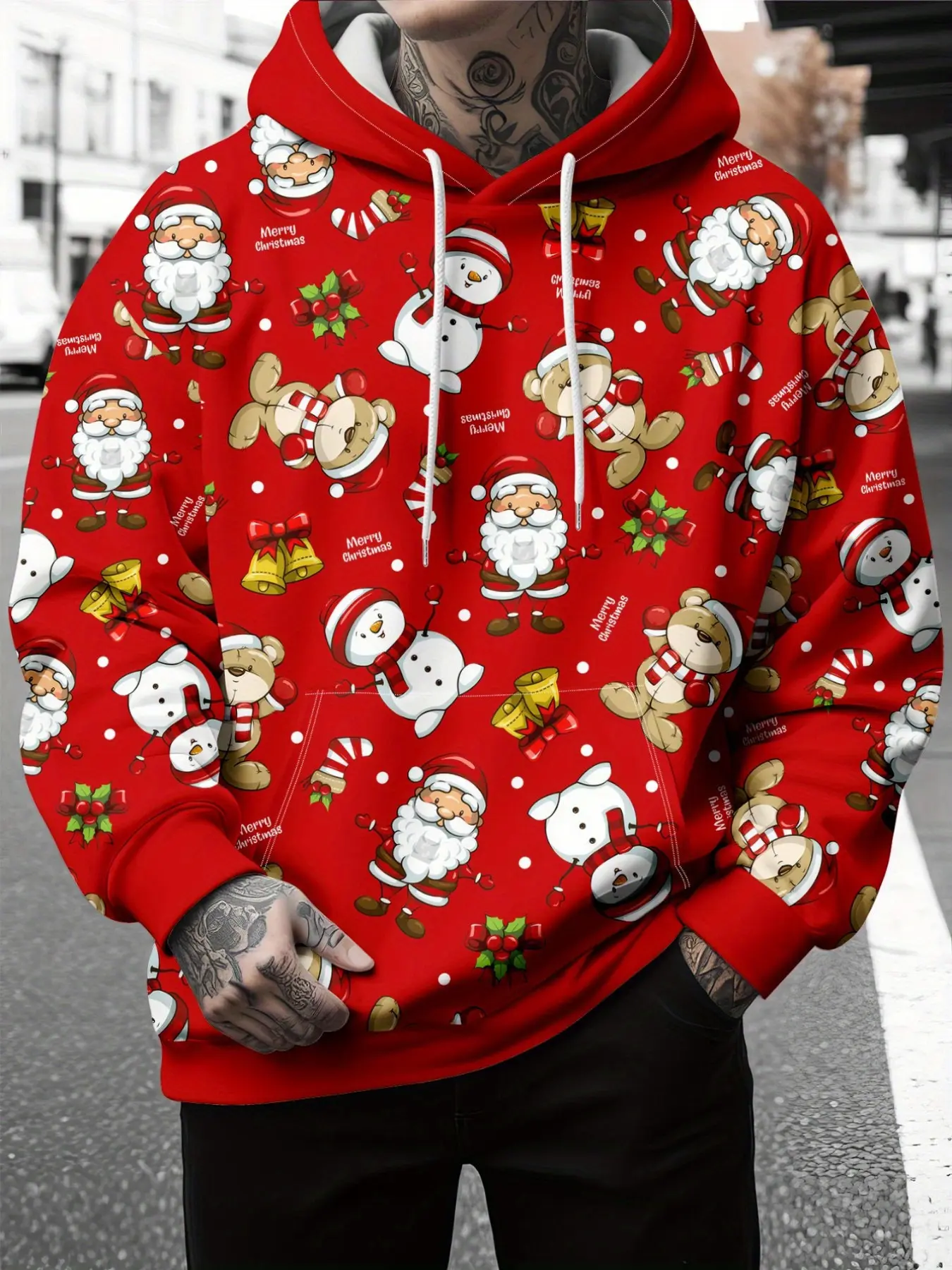 Bright Red Merry Christmas Graphic Hoodie For Men, Full Print Cute Santa Snowflake Snowman Plush Bear Xmas Motifs Long Sleeve Hooded Top, Soft Winter Sweatshirt Holiday Gift For Guys
