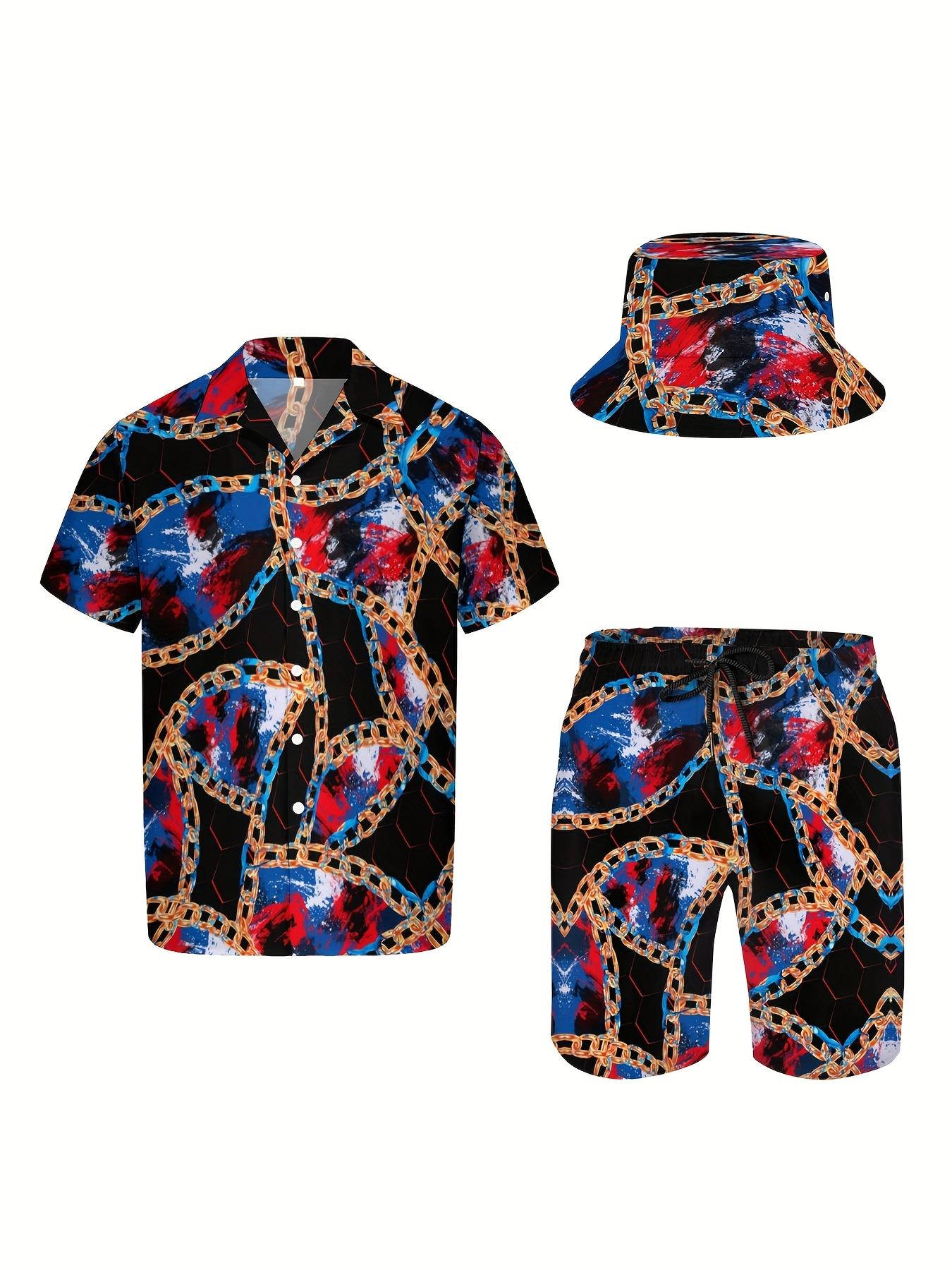 3pcs Men'S Hawaiian Shirt And Short Set, Golden Chain Luxury Baroque Graffiti Style Soft Fabric Breathable Shirt Button Short Sleeve Casual Beach Shirts Outfits With Bucket Hats