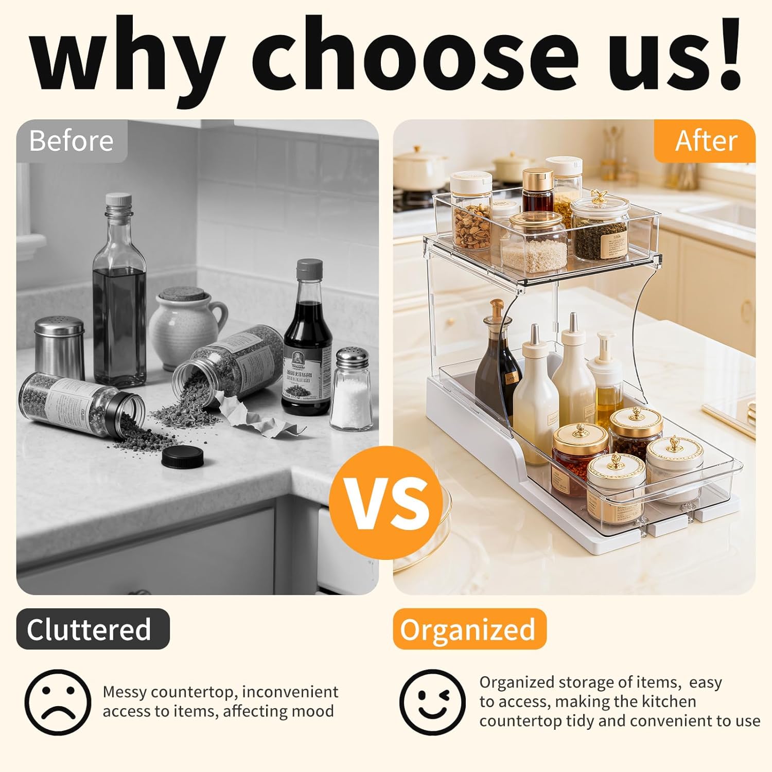 2 Pack Pull Out 2 Tier Under Sink Organizer Clear Cabinet Organizer for Kitchen Bathroom Storage Rotating Pantry Rack for Spice Organization and Makeup Organizer for Drawer Durable Design