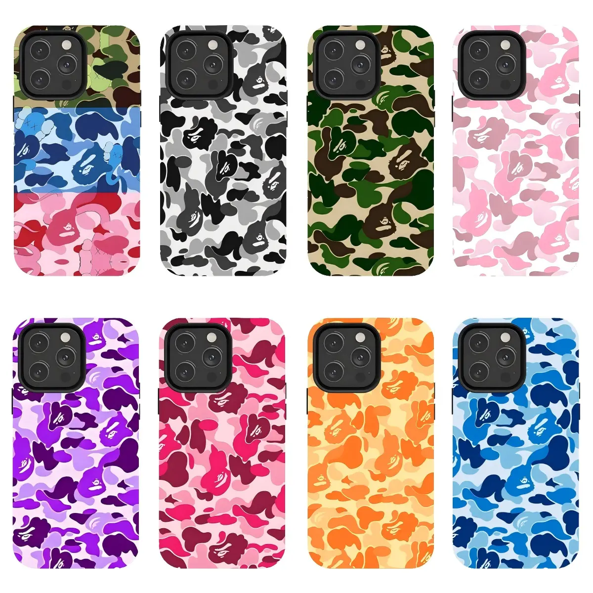 Bape Protective Camo Streetwear Phone CaseSuitable for iPhone 17/16/15/14/13/12/11 ProMax/Plus and Samsung Galaxy S23FE/22/23Impact Resistant Hard Case with ImpactDispersion Technology & Flexible Rubber LinerGlossy Finish UV Protected 2-Piece Design