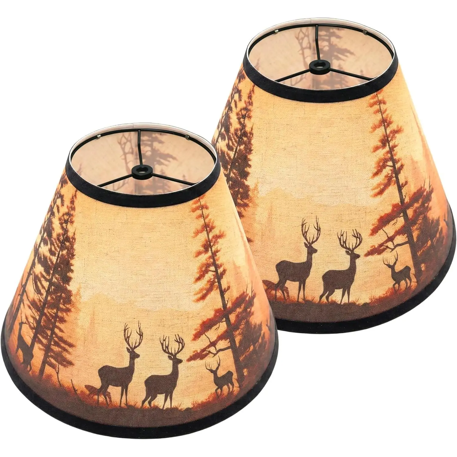 Rustic Deer Print Lamp Shades Set of 2, 6"x13"x10" Medium Brown Empire Fabric Covers for Table Lamps with Spider Fitter, Easy Assembly for Country Cabin Decor, 13" Bottom, 6" Top, Lamp Covers & Shades, Versatile Home Integration