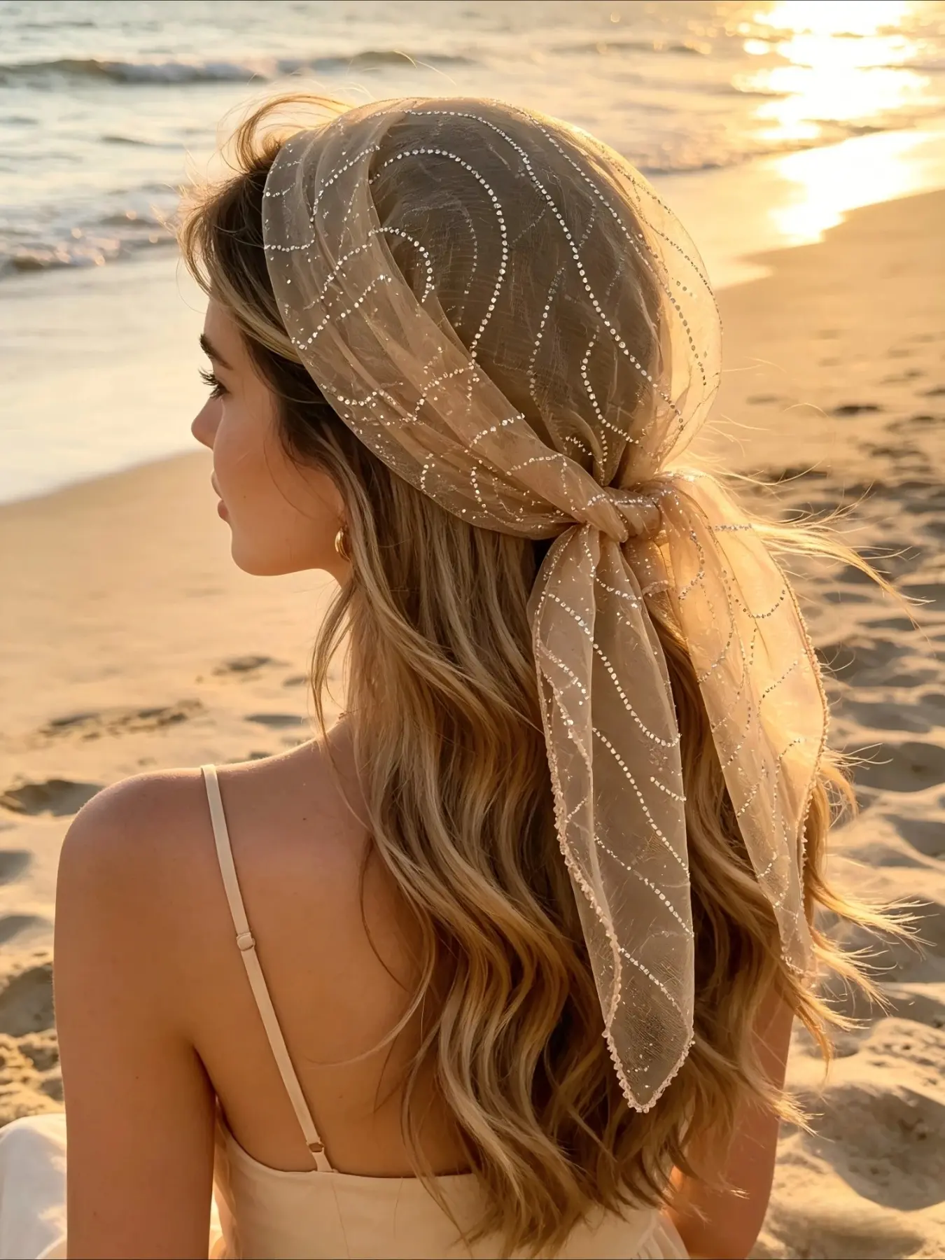 Women's Sheer Rhinestone Mesh Head Scarf, Glitter Wavy Line Tied Bandana, Soft Transparent Tulle Head Wrap for Daily Party Beach