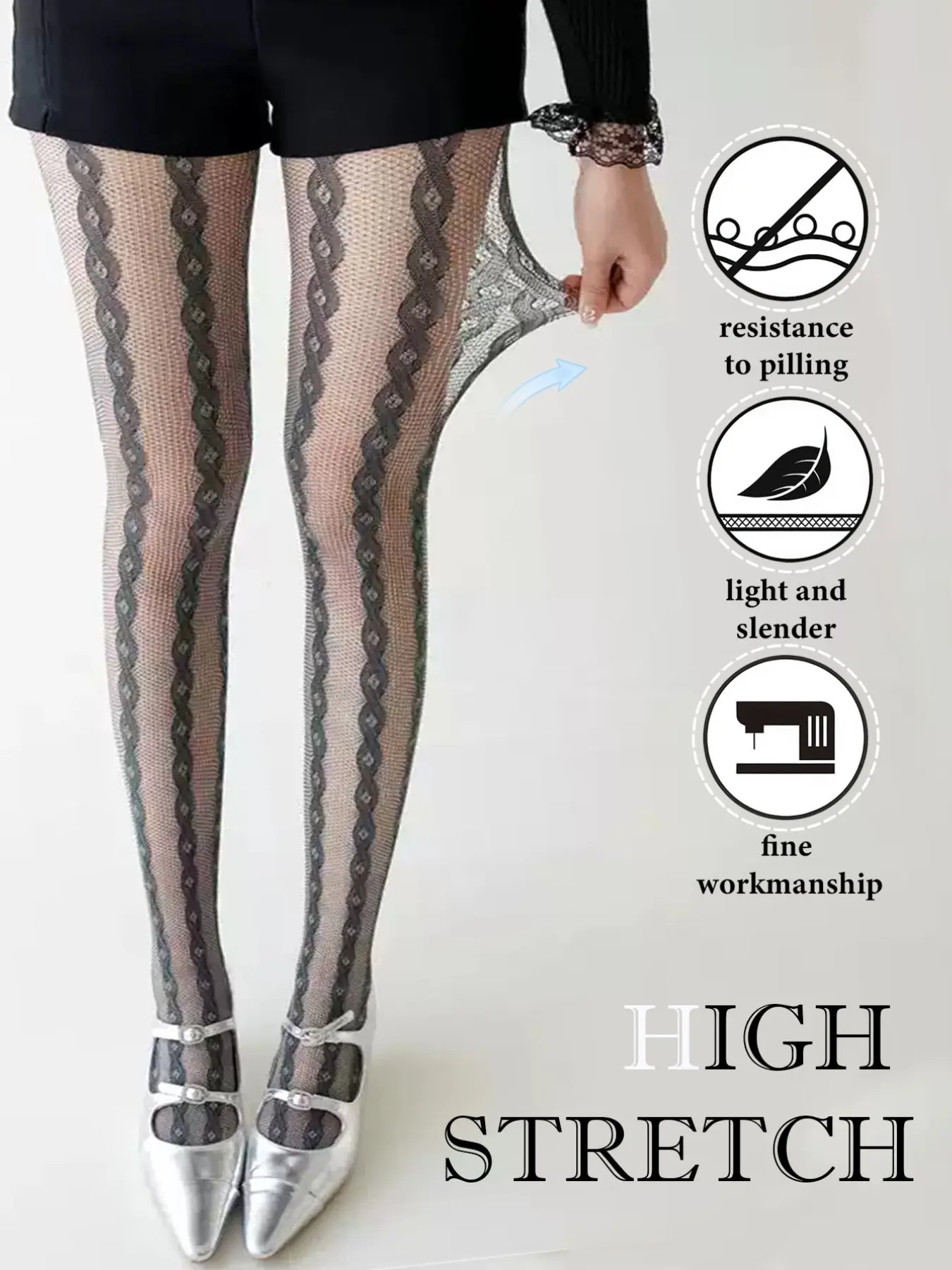 Women's Vertical Striped Floral Lace Fishnet Stockings, High Elasticity Anti-Pull Mesh, Perfect for Lolita, Country Style, Music Festival