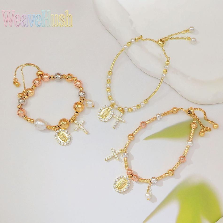 Hot-Selling Tricolor Gold Bead Virgin Mary Bracelet, Zircon Cross & Pearl Inlaid Religious Bracelet for Women, 18K Gold Plated Adjustable Catholic Faith Jewelry, Perfect for Daily Wear, Prayer, Church Occasions & Inspirational Religious Gifting