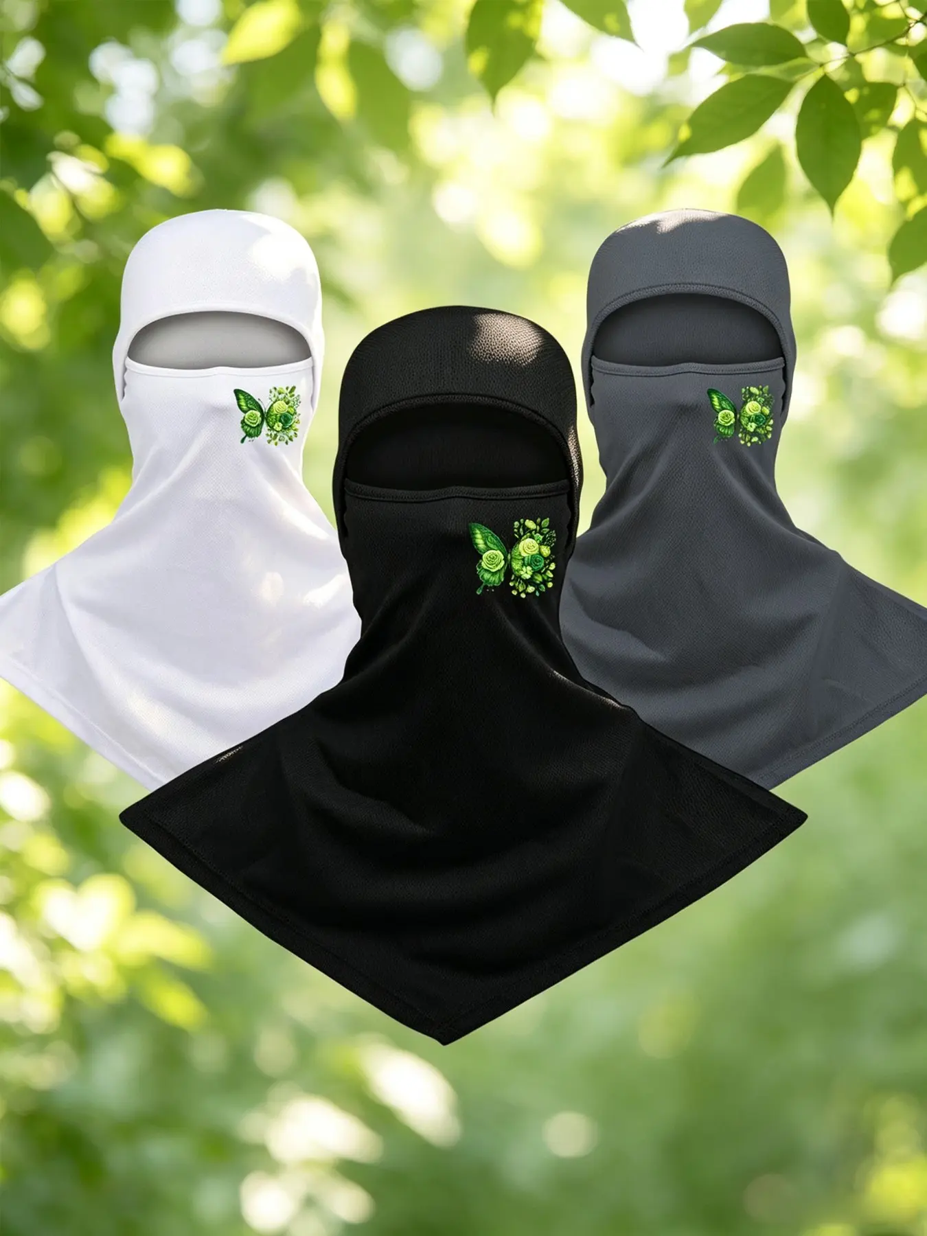 3pcs Unisex Full Head Face Mask Green Butterfly Printing Balaclava Face Cover Breathable Long Neck Covers Summer Neck Protector for Men Women Outdoor Sports