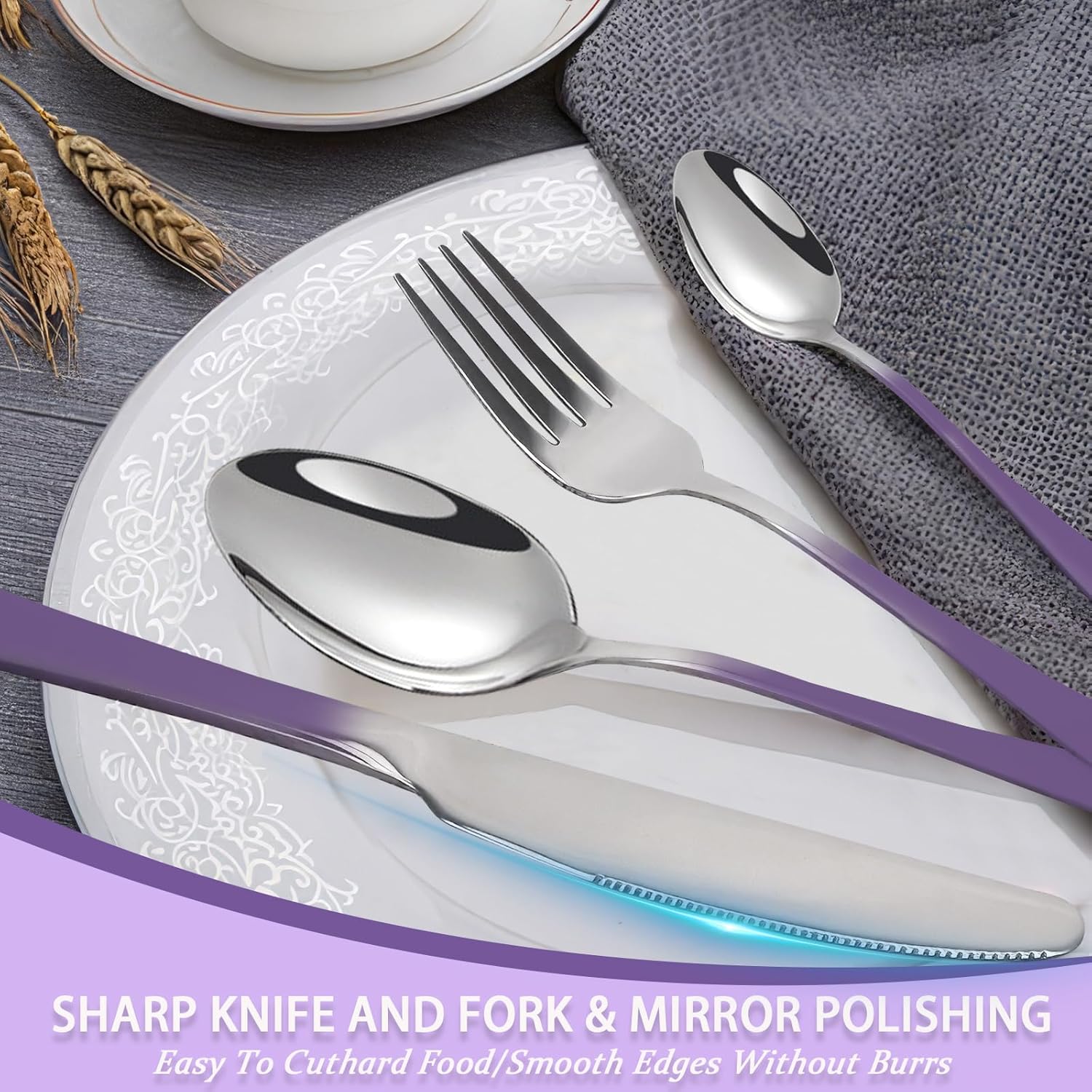 24 count Flatware Set, Stainless Steel Cutlery Set with Silverware Holder, Modern Eating Tableware Set Includes Dinner  Forks Spoons, Silverware Set Service for 6 (Purple)
