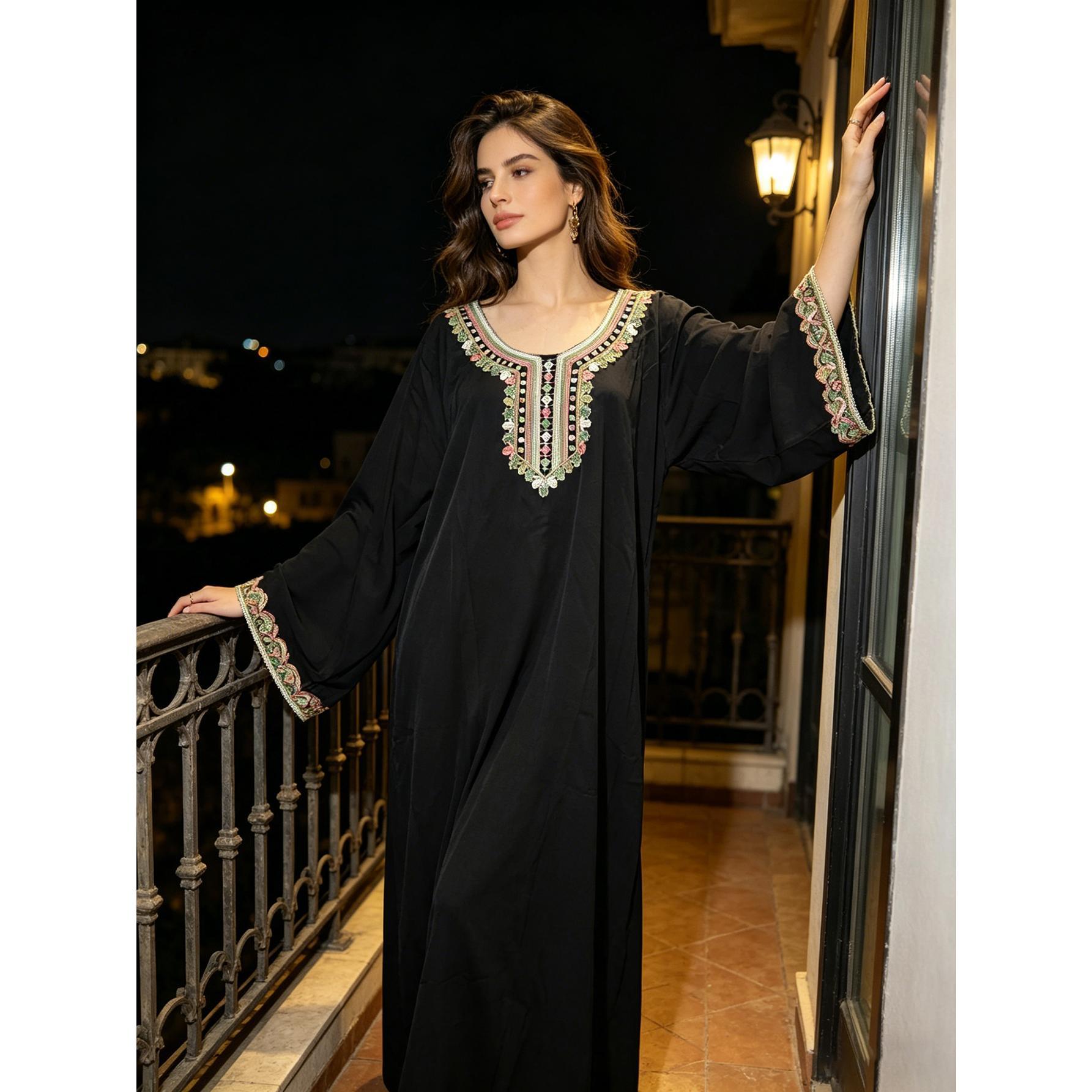 Elegant Black Embroidered Kaftan Maxi Dress Modest Boho Flowy Gown | Size Inclusive S-XL | Perfect for Evening Dinner, Church, Vacation & Daily Chic