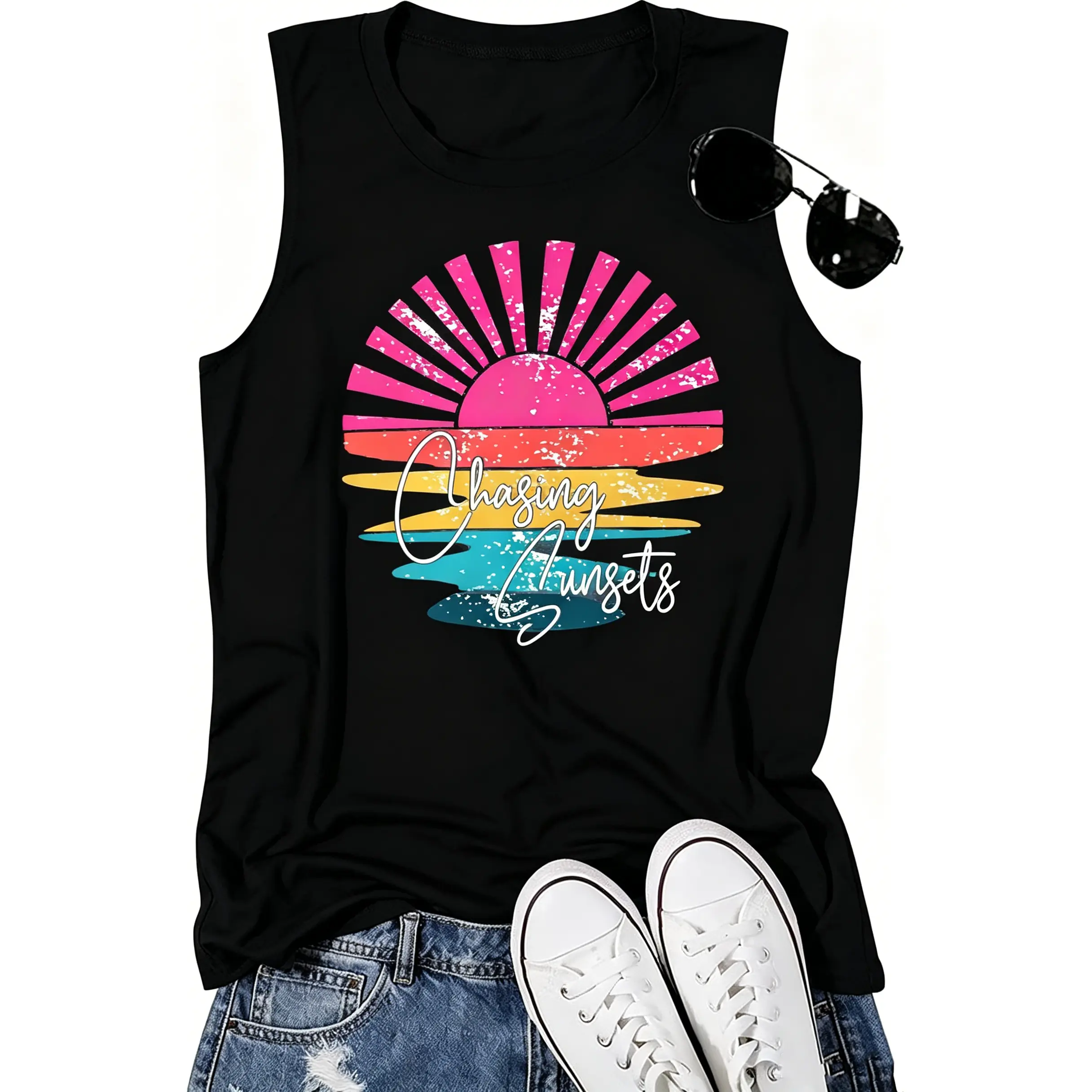Hawaiian Tank Top Women Chasing Sunset Shirt Hawaii Beach Waves Vest Sunshine Shirts Summer Vacation Sleeveless Tops