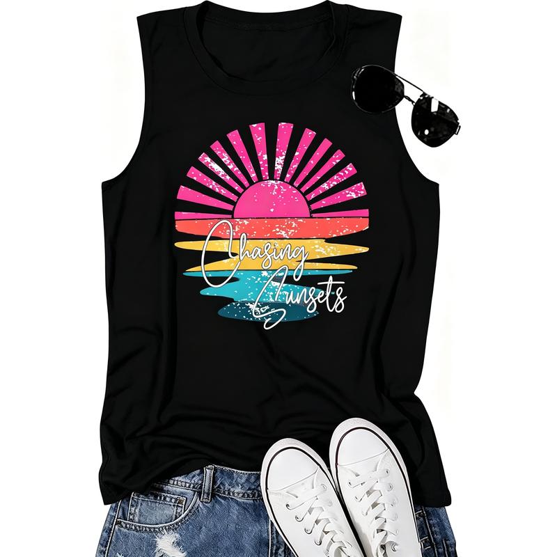 Men's Hawaiian Fashion Tank Top - Fits Basic Casual Day Wear, Sunset Beach Waves Print, Sleeveless Vacation Vest