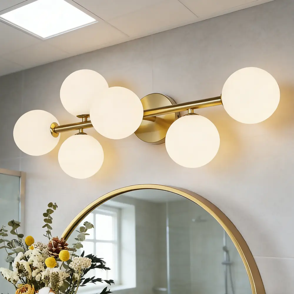 5-Light Bathroom Vanity Light Fixture, Gold Modern LED Ceiling Light, Mid Century Wall Sconce with Milk Glass Shade, 3CCT Dimmable Semi Flush Mount Lighting Fixture, Farmhouse Kitchen Dining Room Chandelier, Bedroom Hallway Home Decor Lighting