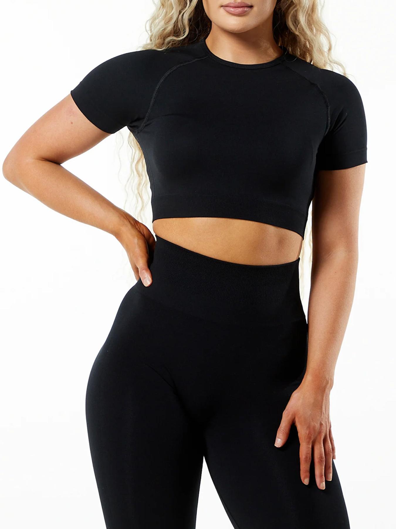 Two-Piece Set Women's Solid Crop Top & High Waist Leggings Tracksuit Set, Sporty Breathable Comfy for Yoga Gym Workout Running, Ladies Sportswear for All Seasons, Gym Workout Clothes