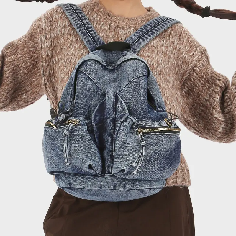 Unisex Vintage Stylish Nylon-Poly Denim Backpack - High-Capacity Zip Fastener Sports Gym Bag, Casual Shoulder Bag for Daily Commute