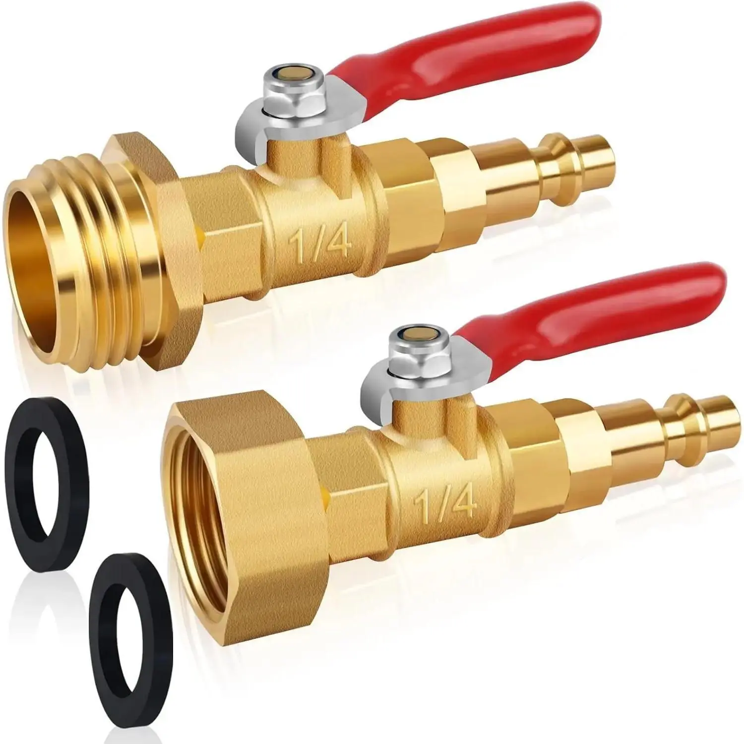 RV Winterizing Blowout Adapters With Ball Valve - 3/4" GHT Male & Female Brass Fittings, Quick 1/4" Plug Air Compressor Sprinkler Connector, Threaded Attachments For Camper, Boat, Travel Trailer Winterizing Faucets