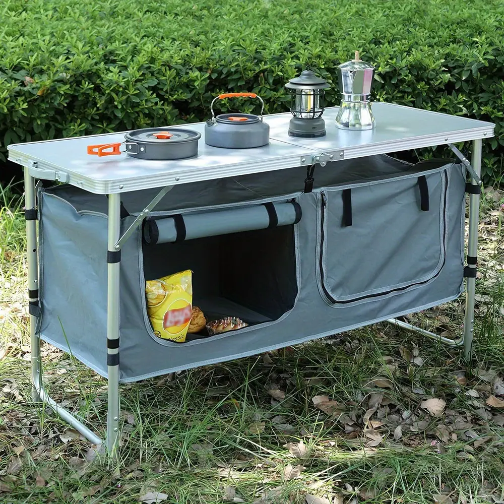[Portable Folding Table] Portable Outdoor Folding Table With A Storage Organizer, Made Of Lightweight Aluminum Composite, Featuring Three Adjustable Heights, Suitable For Indoor Use, Barbecues, Parties, Picnics, Camping, Hiking, And Beach Outings