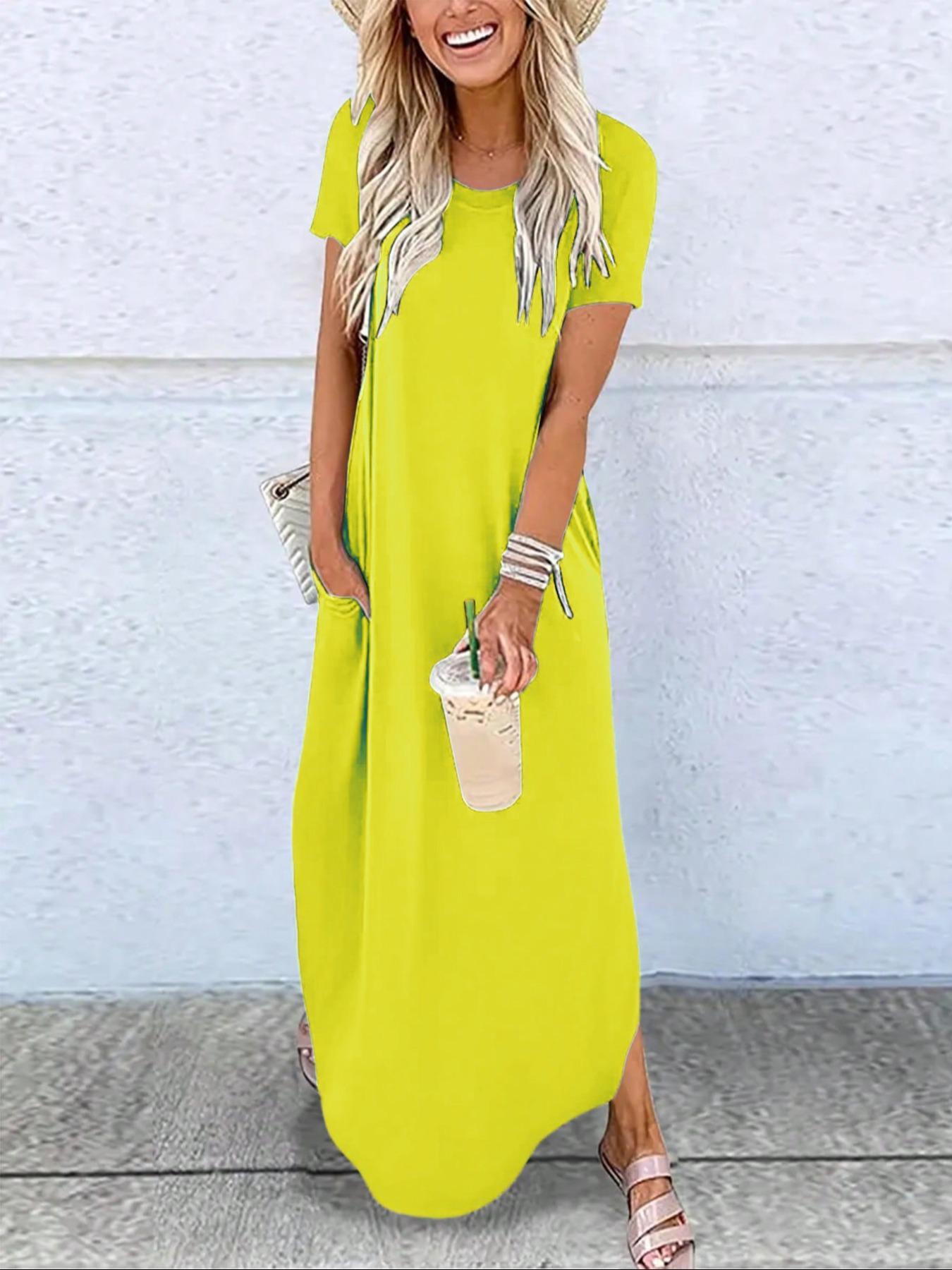 Women's Plain Pocket Round Neck Curved Hem Jersey Tee Dress, Casual Soft Short Sleeve Fit Long Dress for Summer, Ladies Clothes for Daily Wear