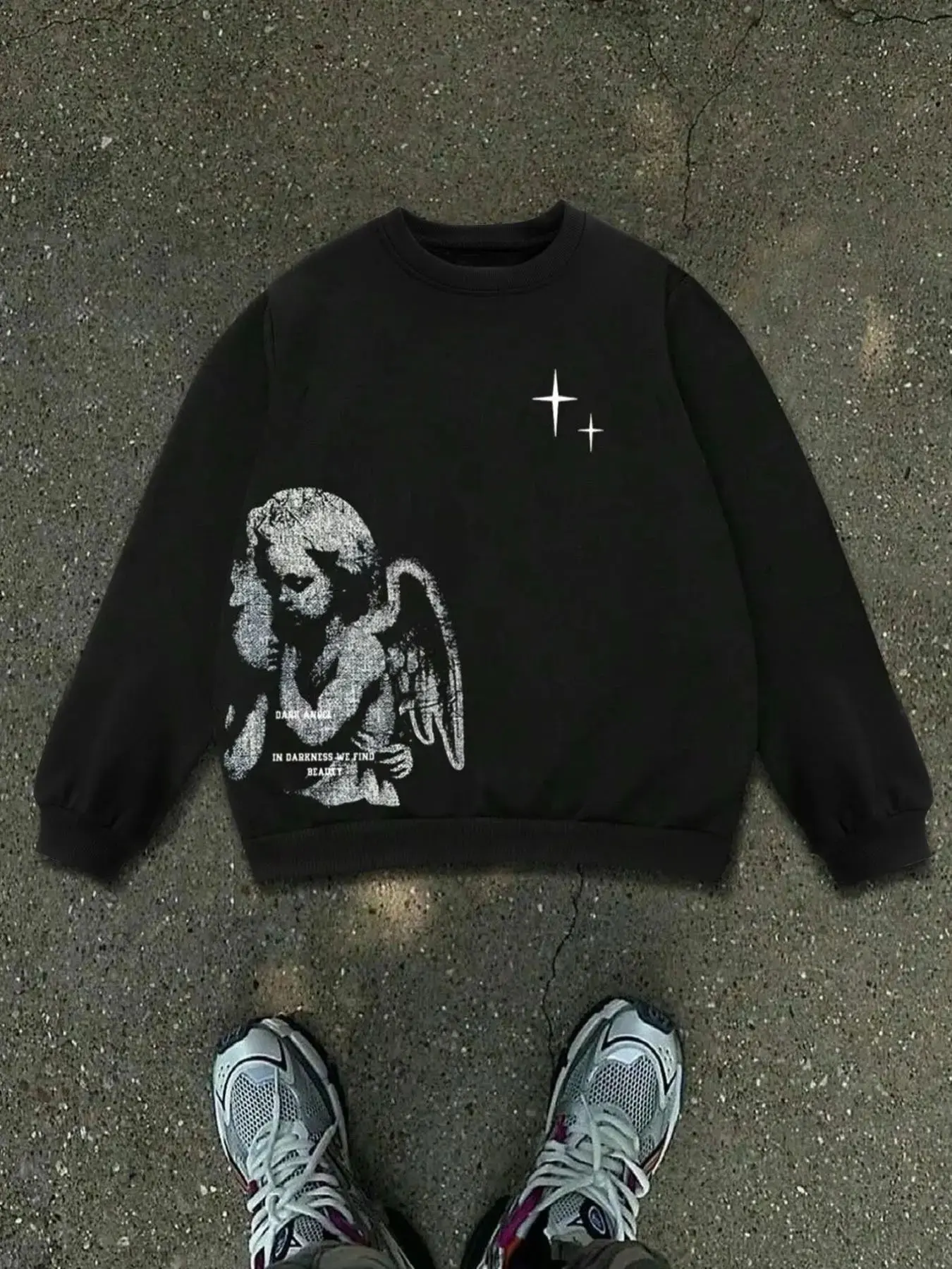 Men's Cherub Angel Graphic Crewneck Sweatshirt Gothic Streetwear Star Print Loose Fit Pullover Top for Autumn Winter