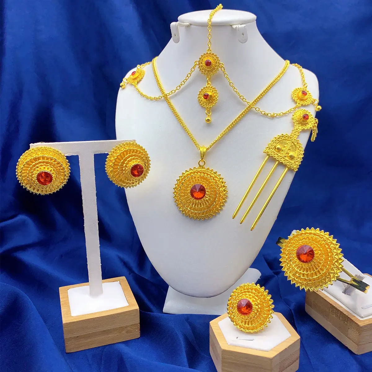 18K Gold Plated Red Gem Ethiopian Jewelry Set | African Wedding Bridal Necklace Earrings Ring Hairpin Head Chain, Traditional Ethnic Ornaments For Women