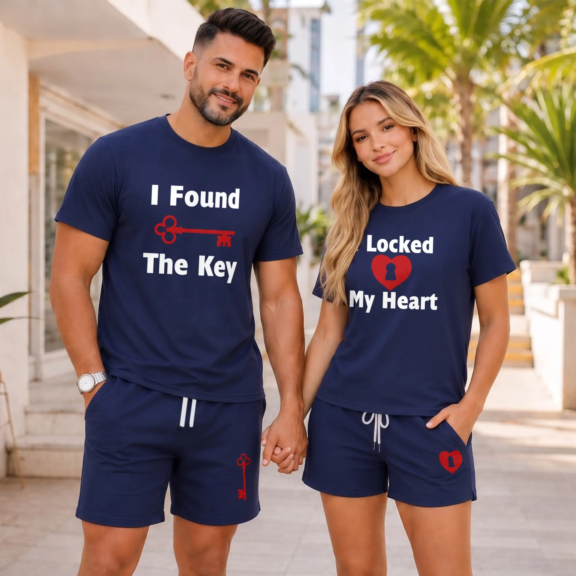 Matching Couple Key and Lock Short Sets, Graphic Tee and Drawstring Shorts Two Piece Outfit, Soft Casual Summer Matching Set for Couples, Vacation, Date Night, Daily Style