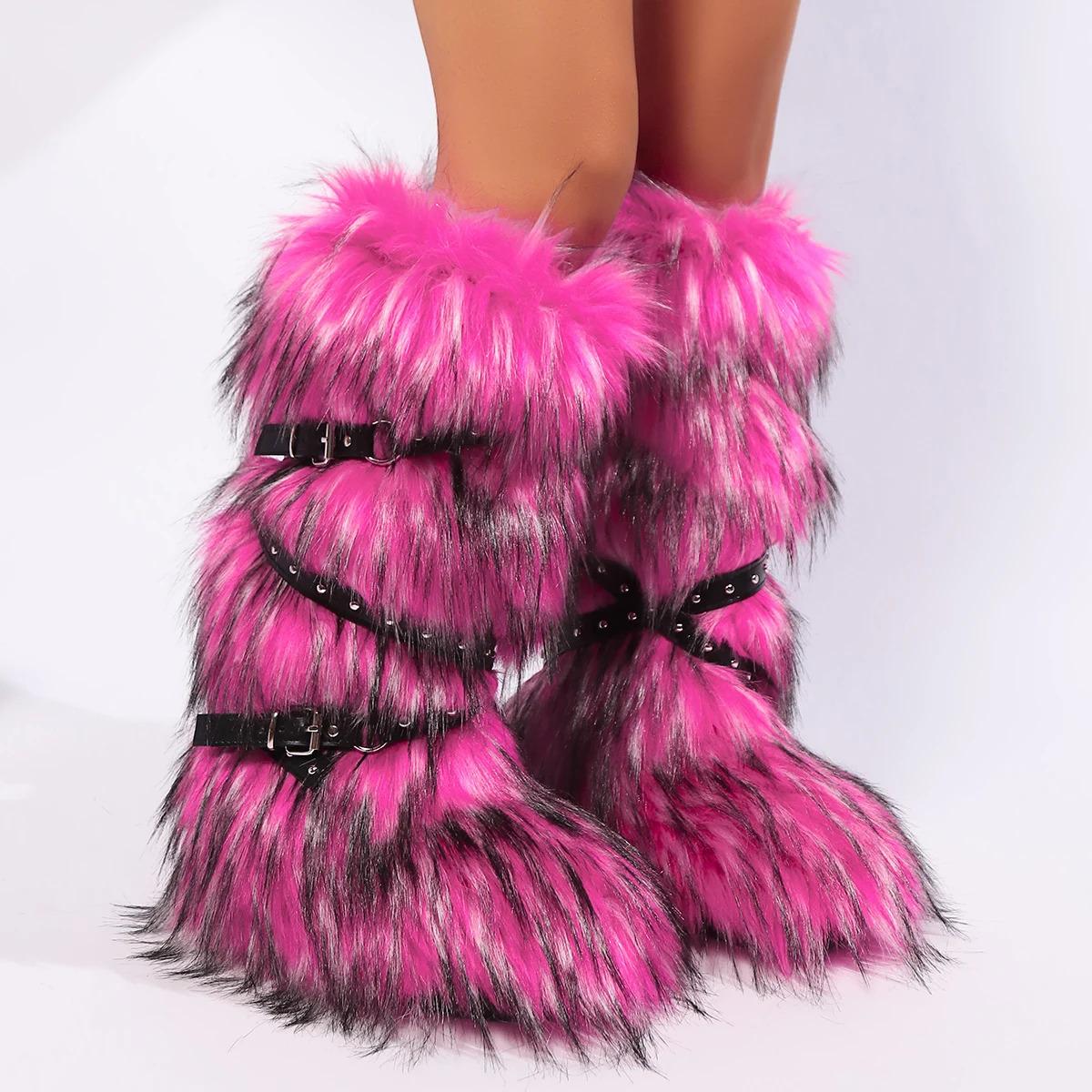 Winter  New Design Onepiece Raccoon FurFemale Snow   shoes OutdoorMid Leg  y2k Cool Pink Women Girl Footwear fur boots Black Comfort