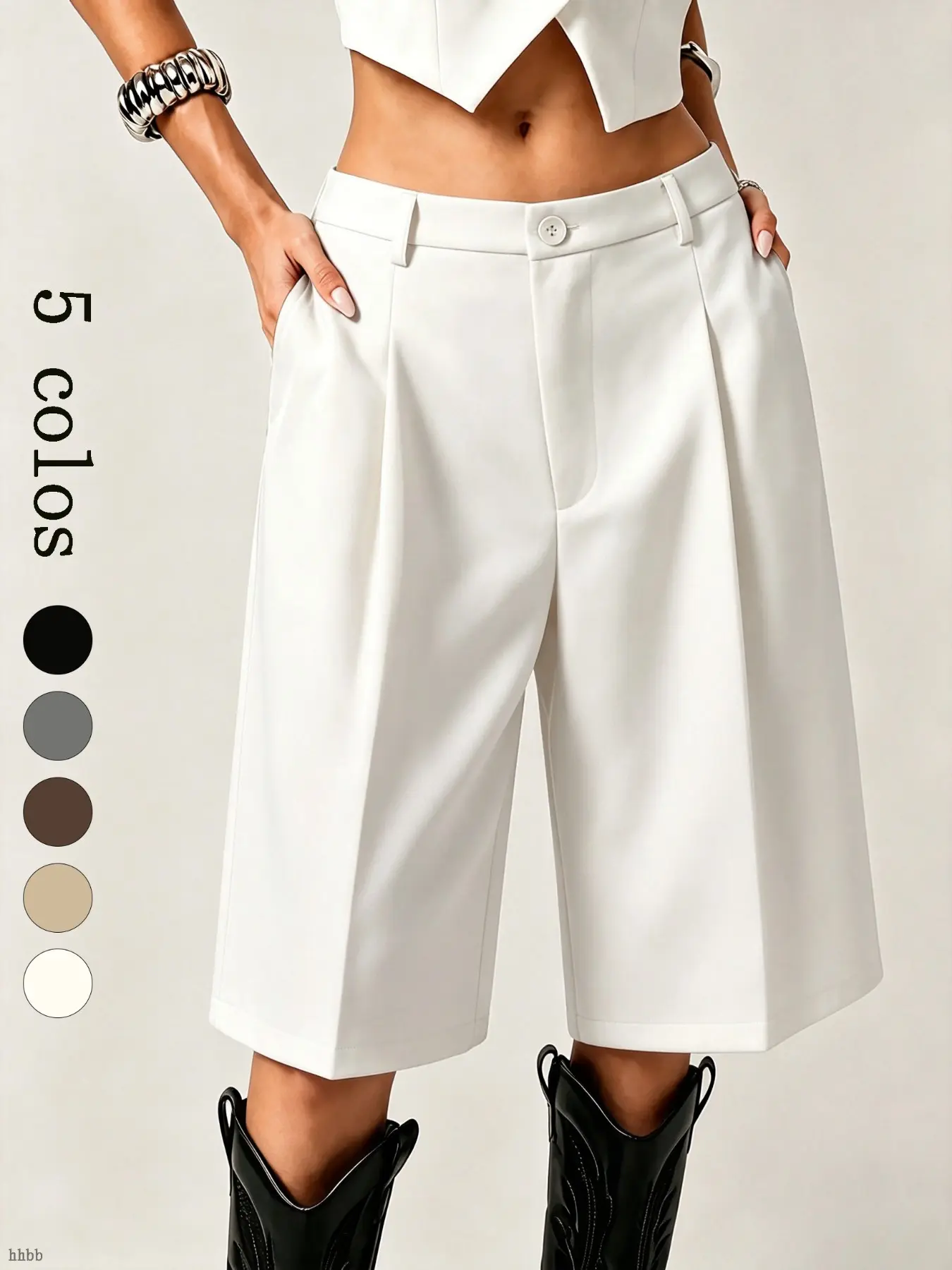 Women's High-Waisted Pleated Suit Shorts, Classic Minimalist Style, Slimming Mid-Length Pants, Casual Office Wear, Comfortable and Stylish