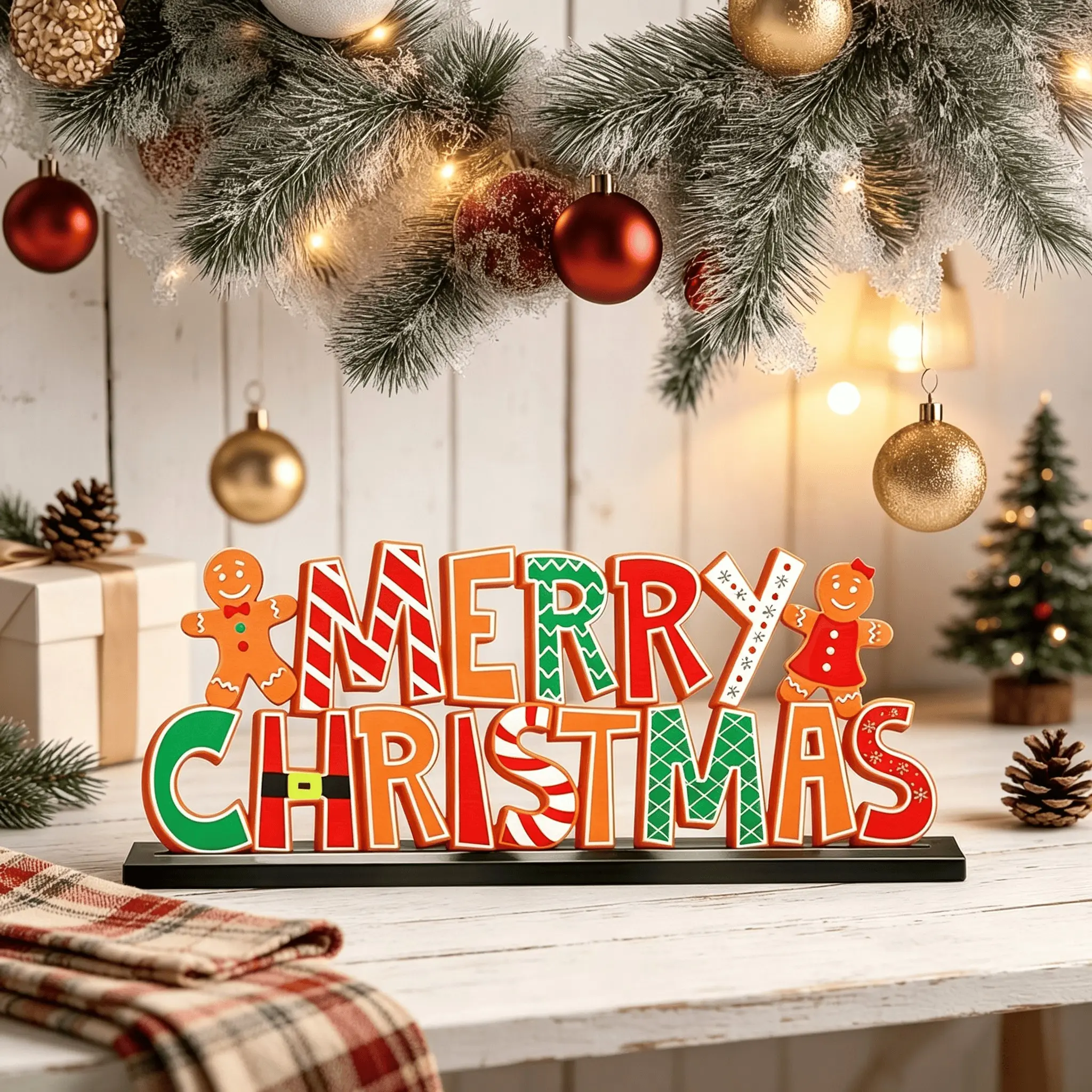 Christmas Wooden Desktop Decor, Gingerbread Man and Candy Cane Pattern, Festive Desk Centerpiece for Fireplace, Shelf, Kitchen, Party Decoration