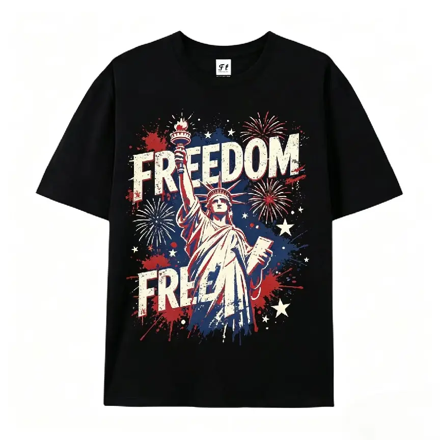 Oversized Freedom Statue Of Liberty Fireworks Independence Day Retro Graphic T‑Shirt, Comfort Cotton Fashion Outfit, Cute 4th Of July Valentine Gift For Him Her, Perfect Holiday Present For Lovers Family Friends