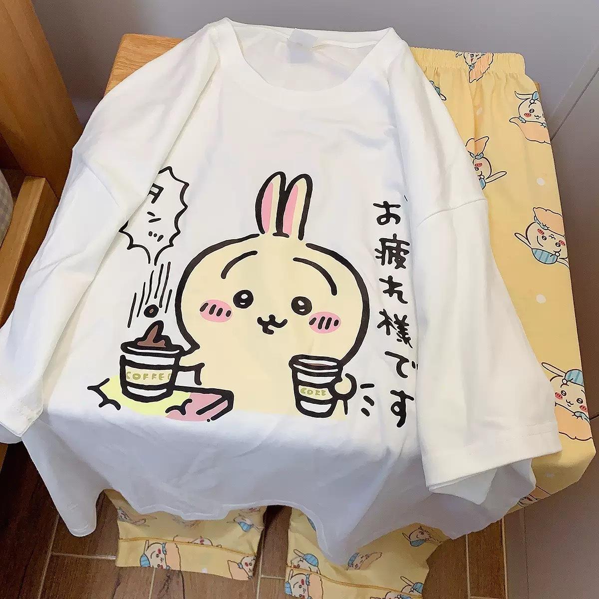 Anime Usag Hachiware Summer thin pajamas round neck Loose long-sleeved shirt and pants Cute cartoon pattern household clothes