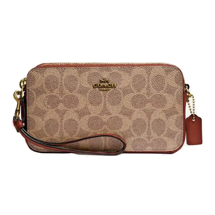 COACH Kira 19 Crossbody Bag for Women – Zip Closure Leather Tote in Brown and Khaki Monogram