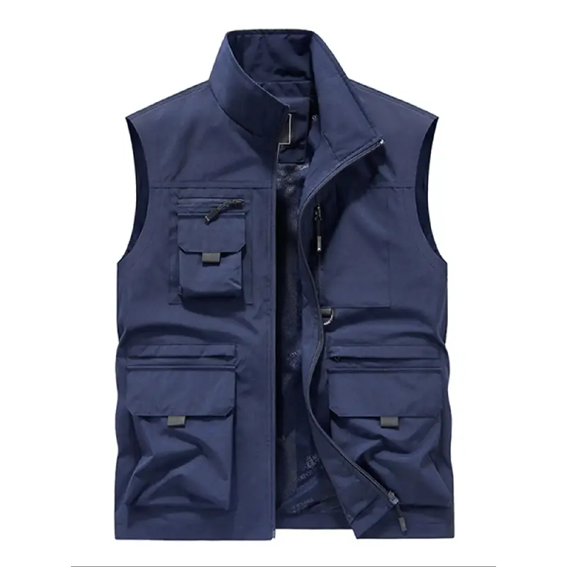 Men's Regular Fitted Solid Zip-Up Sleeveless Multi-Pocket Vest Jacket, Windproof Waterproof Menswear Tops, Casual Outdoor Outerwear for Outdoor Activities