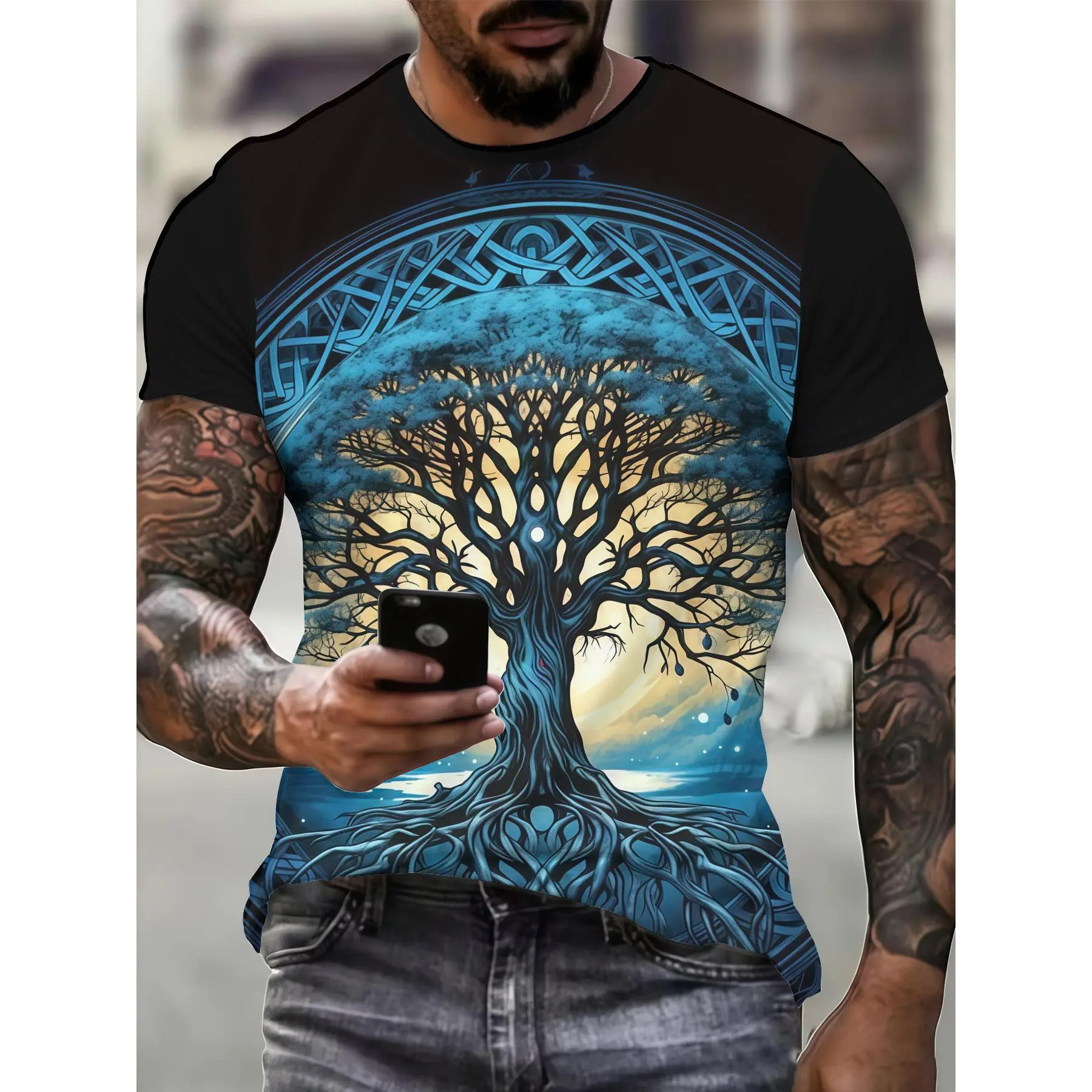Men's Celtic Knot Tree of Life T-Shirt - Full-Body Celtic Print Short Sleeve Round Neck Casual Top with Tree of Life Design, Suitable for Casual Attire, Gym & Outdoor Activities, Machine Washable Regular Fit Shirt