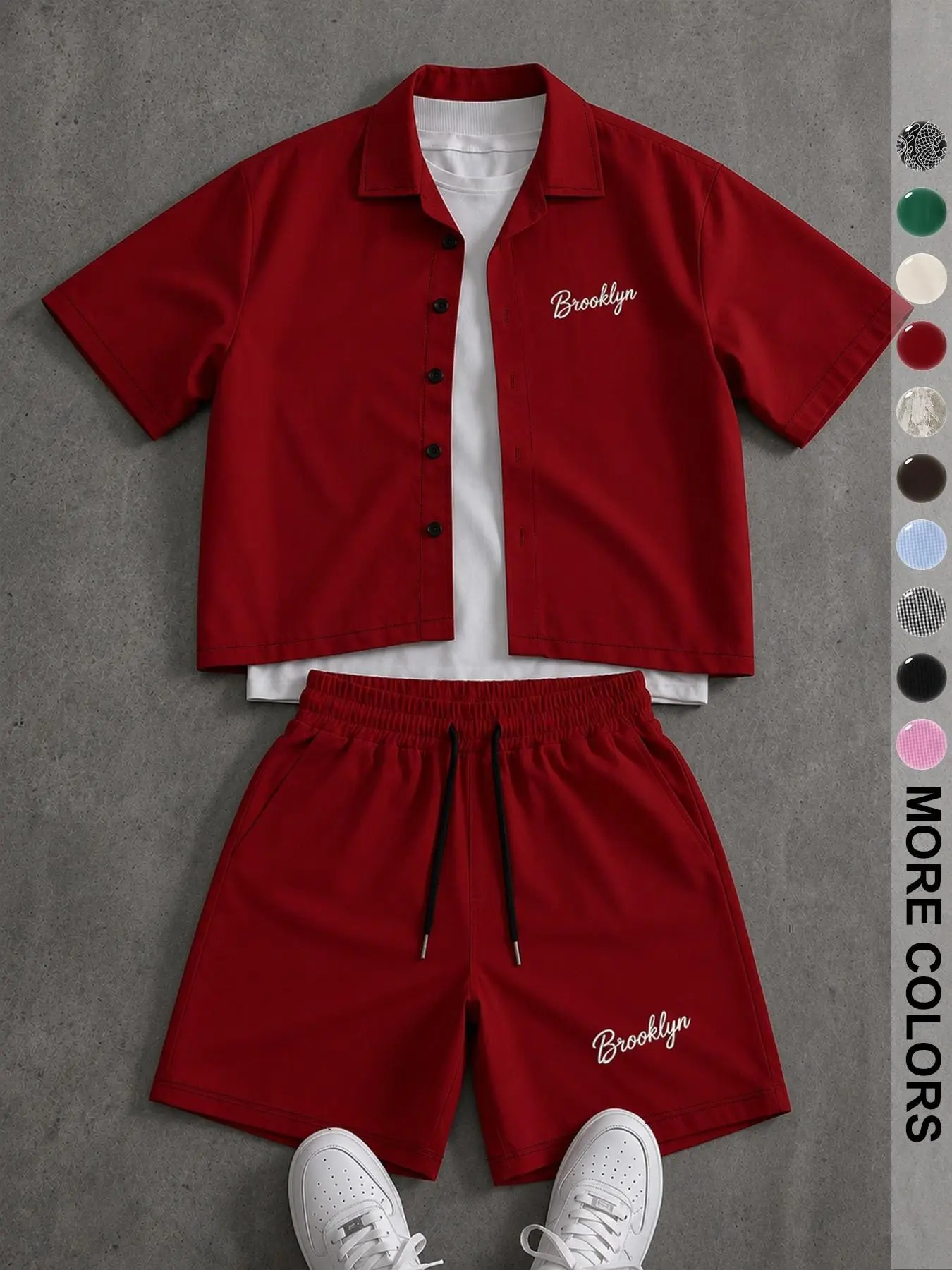 Summer Casual Plaid & "Brooklyn" Letter Print Co-Ord Set, Loose-Fit Collared Button Front Short Sleeve Shirt & Drawstring Waist Shorts, Multicolor Two-Piece Set