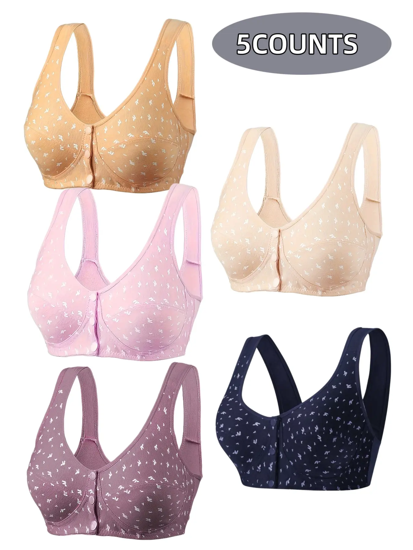 5-Pack Women's Wire-Free Front Buckle Push-Up Bras, Seamless Comfort Fit, Daily Wear Underwire Free Bra, Breathable Soft Fabric, Full Day Support