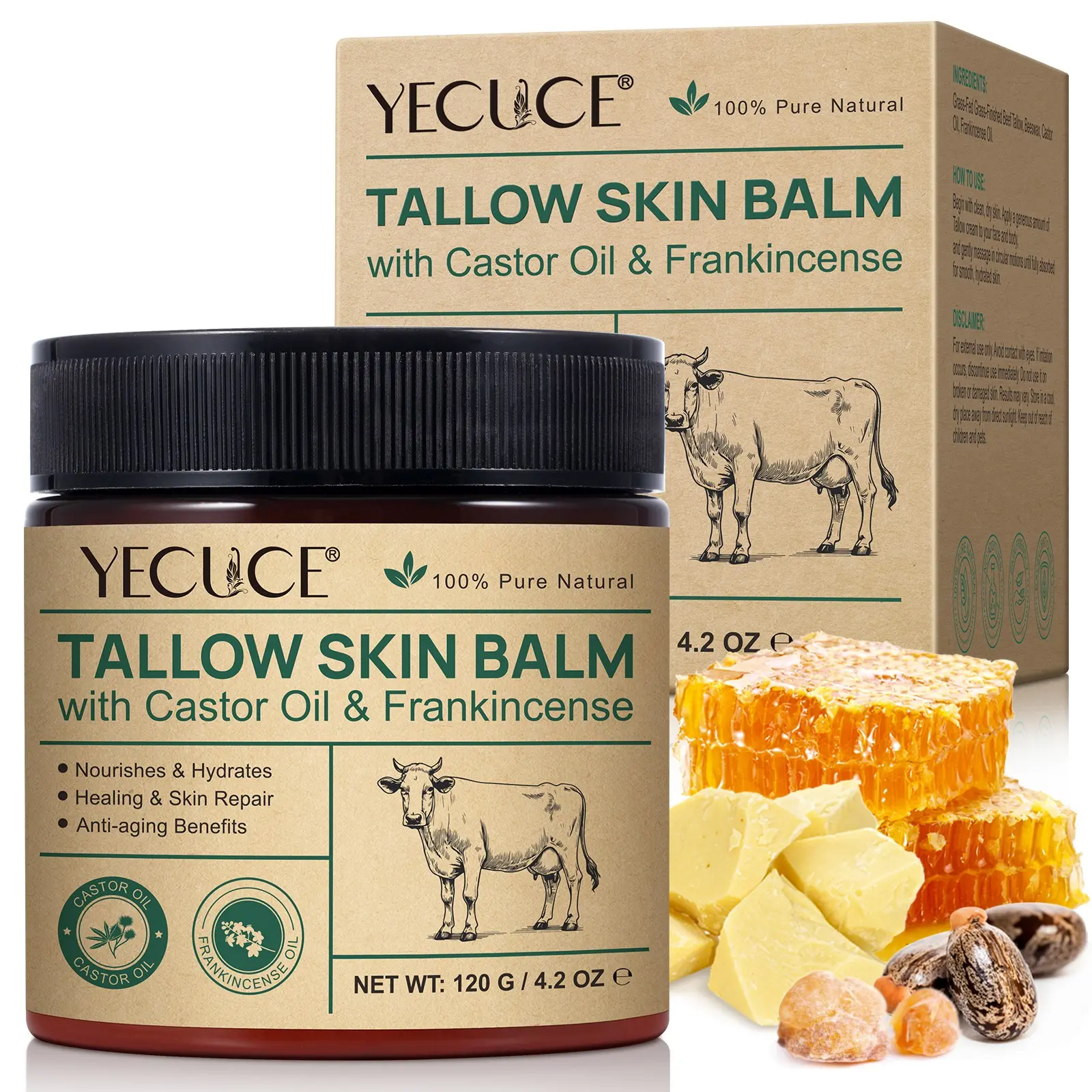 YECUCE Shea Butter, Castor Oil, and Frankincense Cream 120g, Deep Moisturizing Nourishing, Deeply Moisturizing, a skin care cream and moisturizer leaving skin smoother, softer, more radiant, forms a protective barrier, ideal for winter or harsh weather