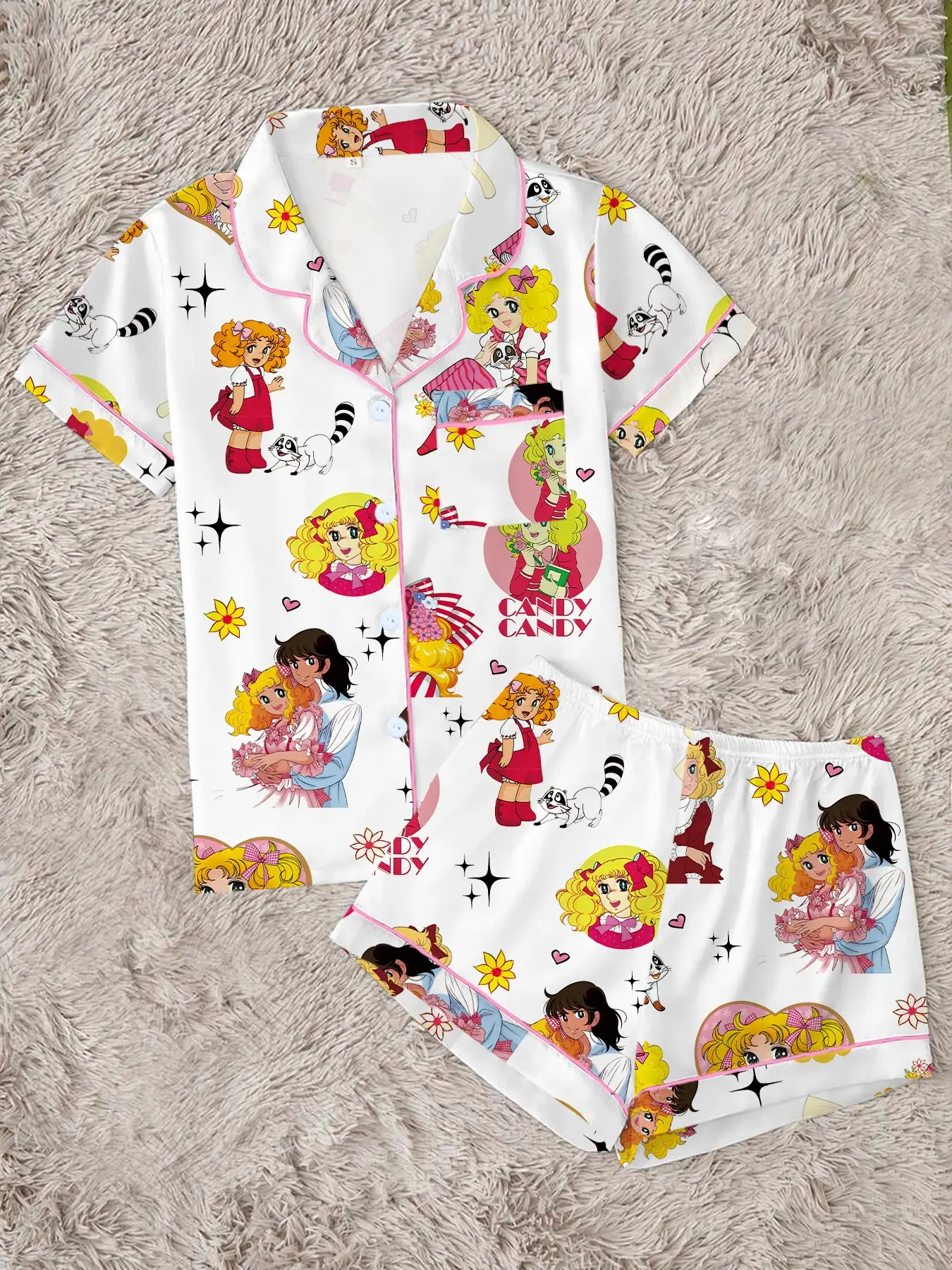 Cartoon Girl Cute Anime Print Women's Loungewear Pjs Set, Comfortable Wear-Outside Sleepwear, Short Sleeve Button-Up Top and Elastic Shorts, Casual Home, Party Gift