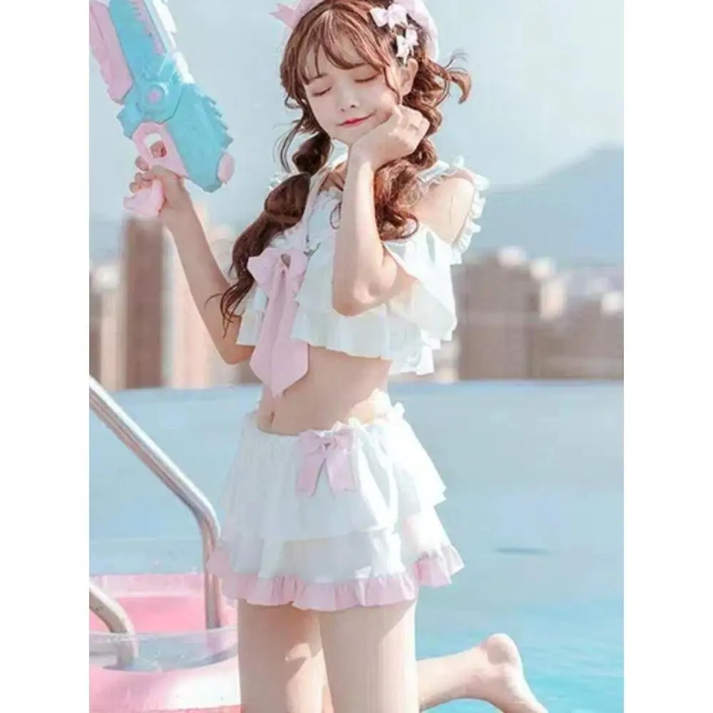 Japanese Style Sailor Collar Swimsuit Female Summer New Cute Hot Spring Student Cute Bow Top Skirt 2 Piece Set Split Swimsuit