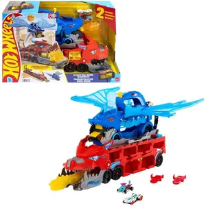Toy Car Track Set, Ultimate Dual Dragon Transporter & 2 Die-Cast Cars, Large-Scale & Detachable Dragon, Stores 20+ Vehicles