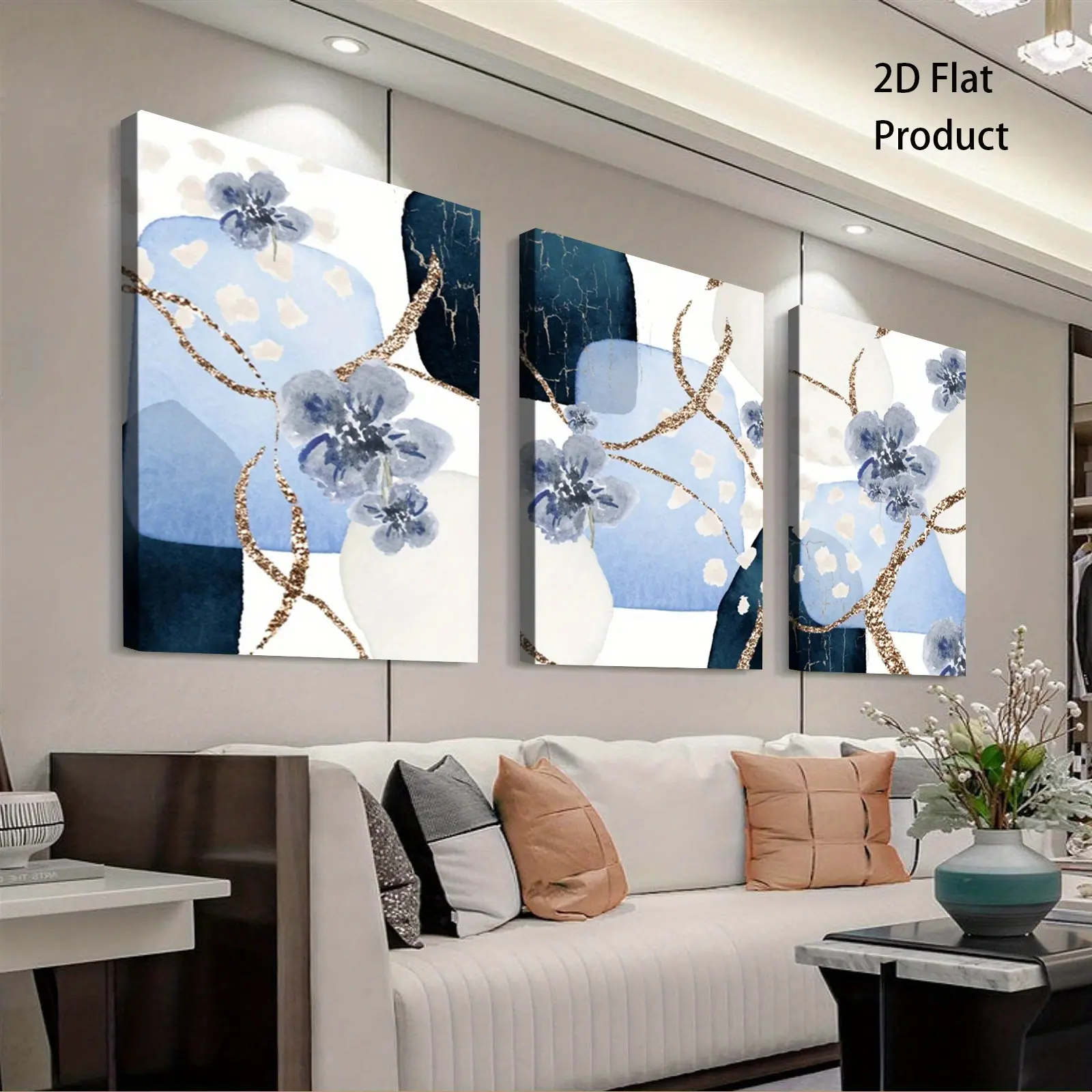 2D canvas, 3-piece set with wooden frame - Blue floral abstract wall art, modern art print, suitable for living room, bedroom, office, bright aesthetic, ready to hang, an ideal home decor gift, perfect holiday decoration for Halloween, Christmas, Easter,