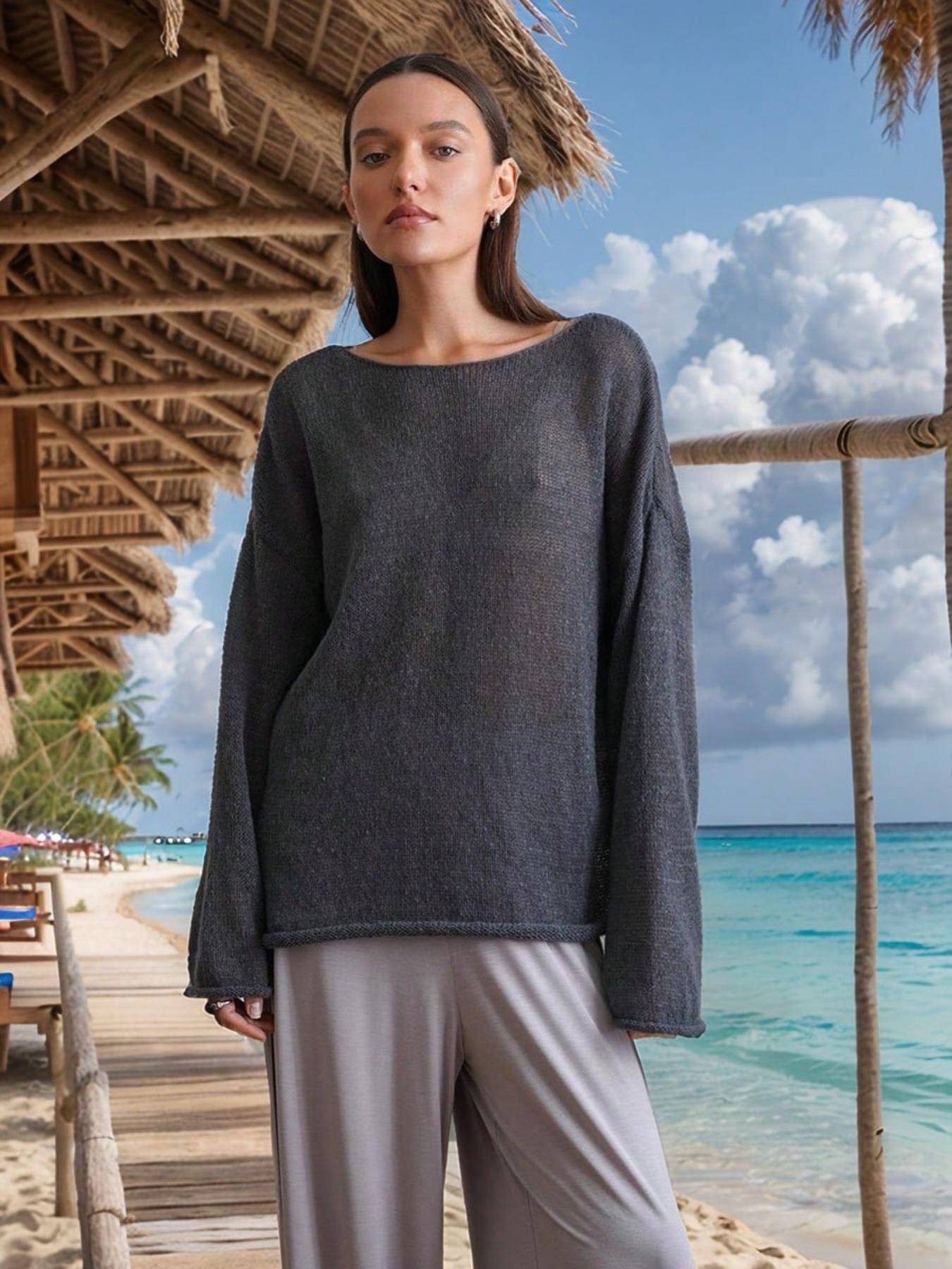 Women's Solid   Cover Up Top, Casual Long Sleeve Cover Up for Beach Vacation, Ladies Knitwear for All Seasons