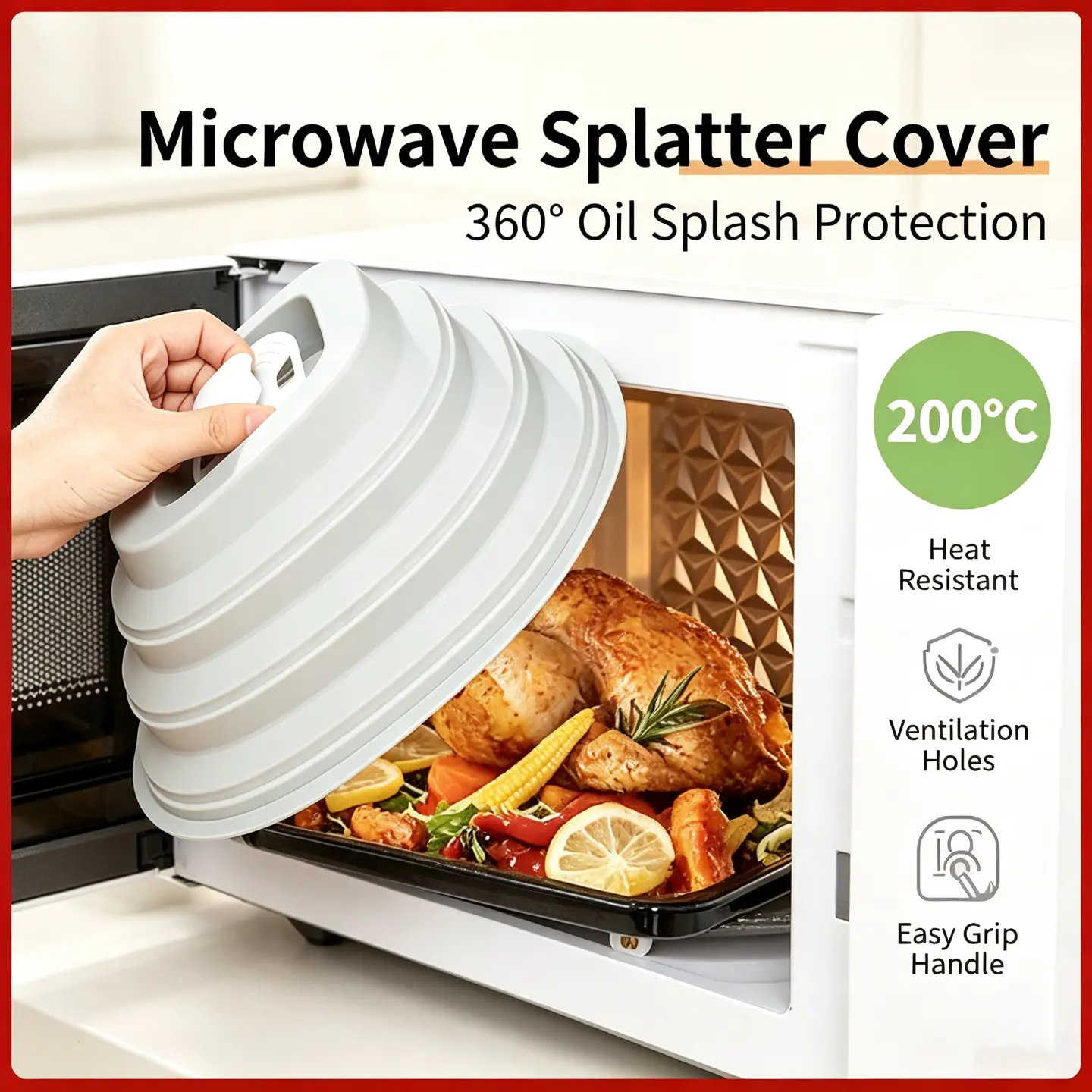 Kitchen Collapsible Magnetic Microwave Cover, Food-Grade Heat-Resistant Silicone Splatter Guard, Foldable Lid for Microwave Plates and Bowls, Handheld, Gray Round Bottom