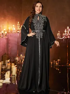 Elegant Maxi Dress with Stand Collar, Pearl Embroidery, Belted Waist, Long Sleeves, Split Hem, Perfect for Evening Parties and Events