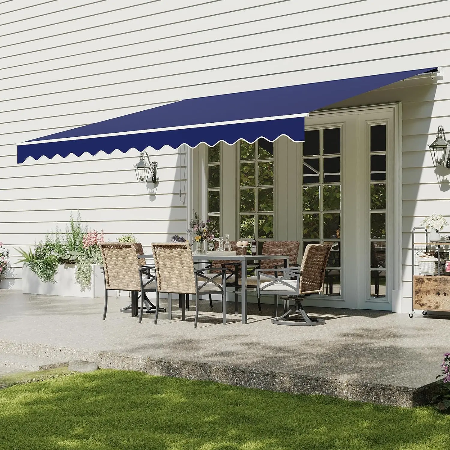 Aoxun Manual Retractable Awning, 12x10 FT Outdoor Patio Sun Shade Canopy with Crank Handle, Waterproof PA-Coated Polyester Fabric for Backyard Deck Window, Blue