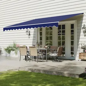 Aoxun Manual Retractable Awning for Outside 12x10 FT Outdoor Patio Sun Shades Canopy with Crank Handle Waterproof Polyester PA Coated Fabric for Backyard Deck Window Blue