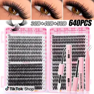 640pcs DIY Eyelash Extension Kit (30D+40D+50D) - Includes False Eyelashes, Glue, Makeup Remover, Tweezers, Suitable For Professional And Beginner, Easy For Home Use, Starter Eyelash Extension Set: Includes All Eyelash Types