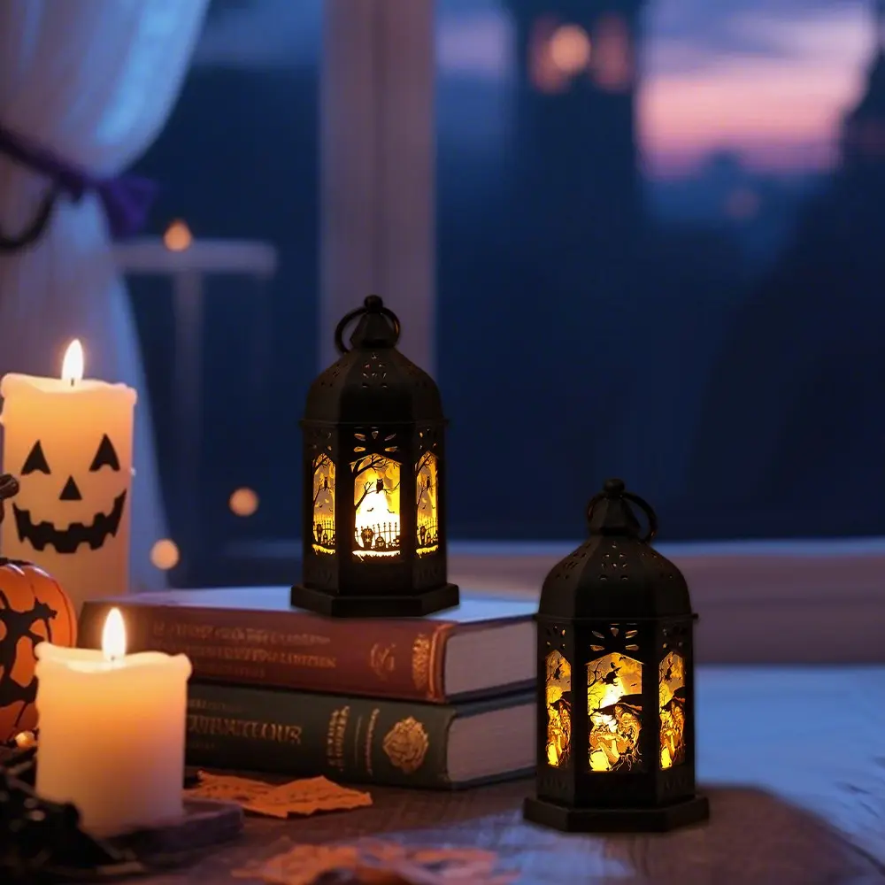 Halloween Handheld Pumpkin Wind Lantern, Halloween Candle Lantern Candlestick, LED Mini Lantern Lights with Flickering Candles Battery Operated Hanging LED Small Candle Lanterns for Halloween Indoor Outdoor Yard Garden Lawn Party Decoration