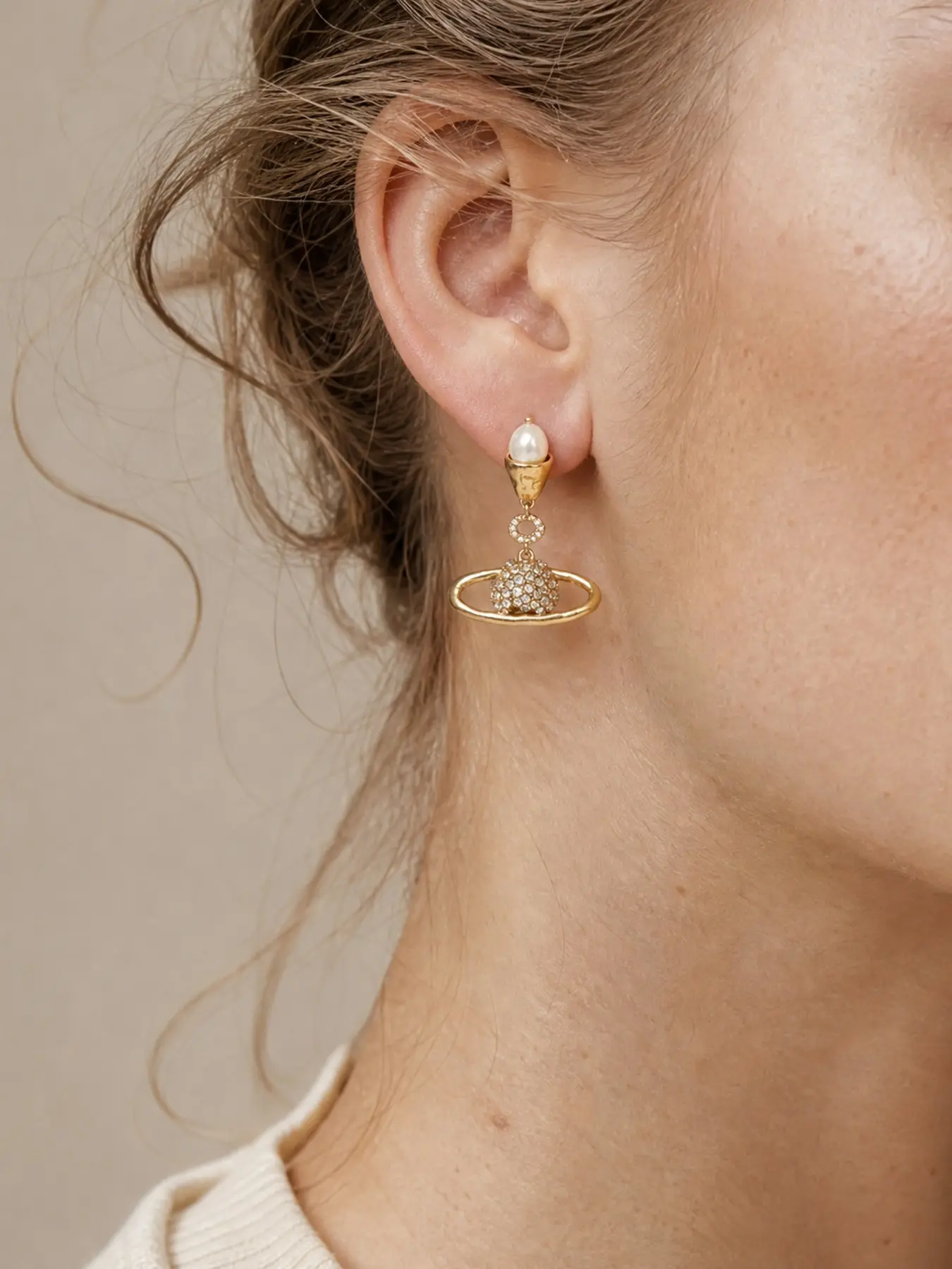 Vintage Retro Saturn Planet Faux Pearl Rhinestone Dangle Stud Earrings Antique Gold Tone Nickel Free H65 Brass Two Tier Drop Design For Women Daily Street Birthday Gift For Her