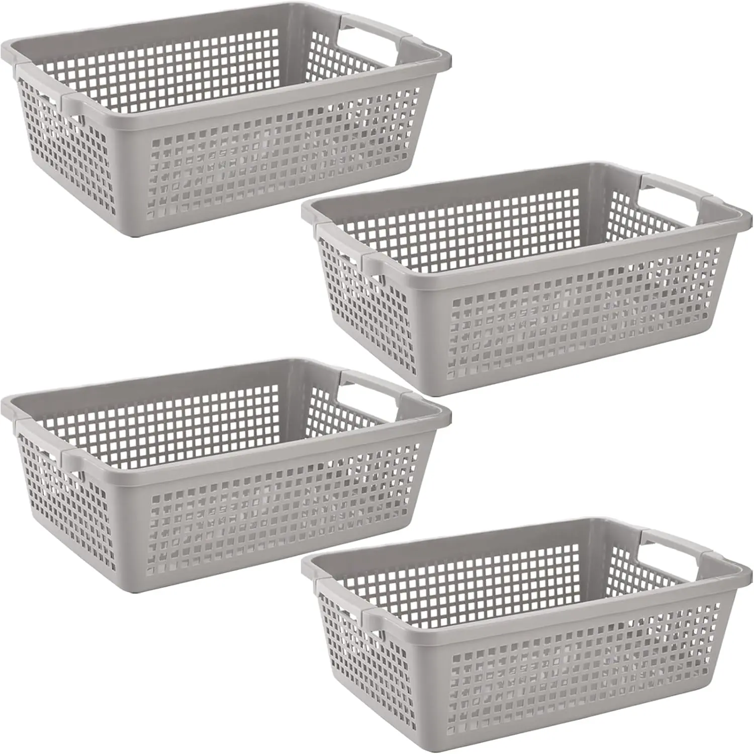 4 Pack Plastic Storage Baskets with Handle, 15”x9.8”x4.7” Pantry Storage Bins, Closet Baskets, Large Organization Basket for Nursery, School, Office