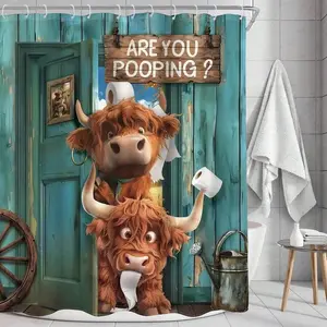 Funny Highland Cow Shower Curtain with "Are You Pooping" Print - Rustic Wooden Door Design Hanging Bathroom Supply, Waterproof Polyester Curtain with Hooks