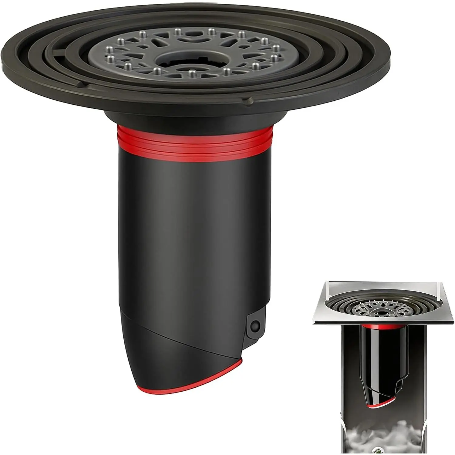 Shower Drain Stopper with Backflow Preventer & Hair Catcher, Easy Install, Suitable for Floor Drains and Sewers with an Inner Diameter of 1.9-3.9", Prevents Odors, Blockages (Black)