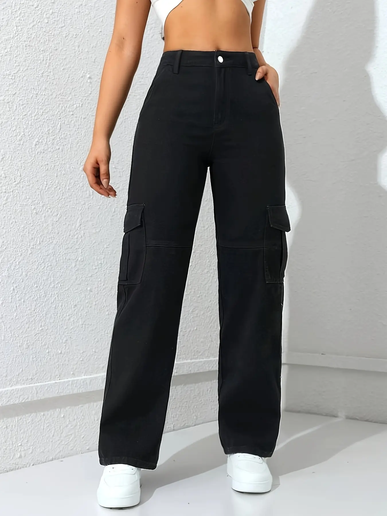 Women's Solid Multi-pocket Pants, Casual Street Fashion Straight Leg Trousers for Daily Wear, Ladies Bottoms for All Seasons